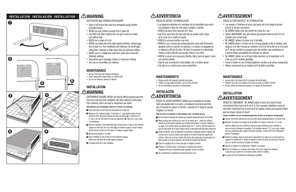 Warning, Advertencia, Avertissement | Maintenance, Installation, Mantenimiento, Instalación | Kidco BR102a User Manual | Page 2 / 2