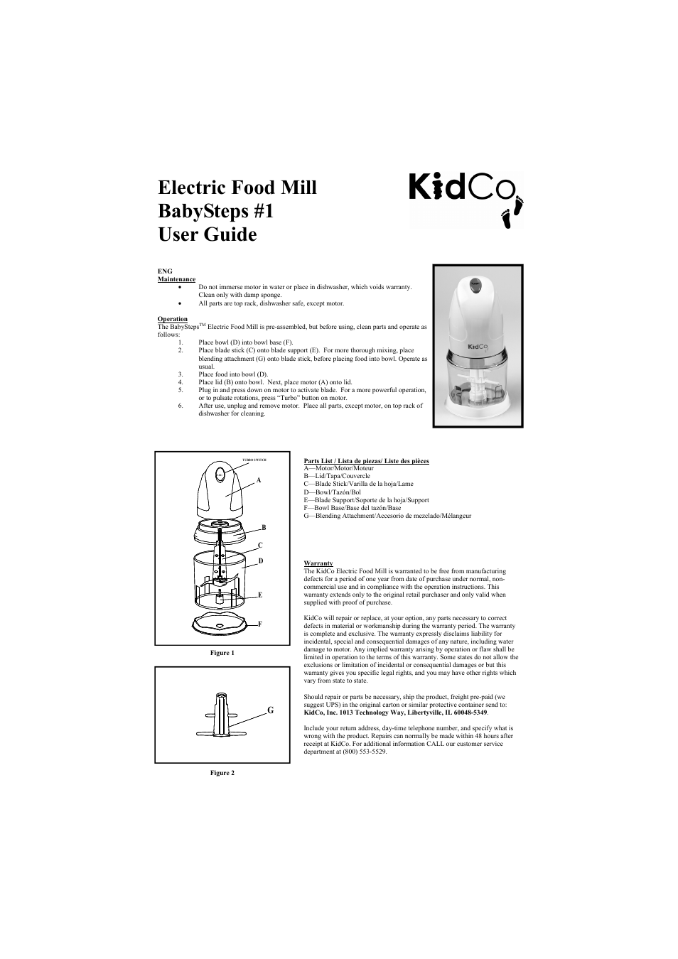 Kidco F900 Electric Food Mill User Manual | 4 pages