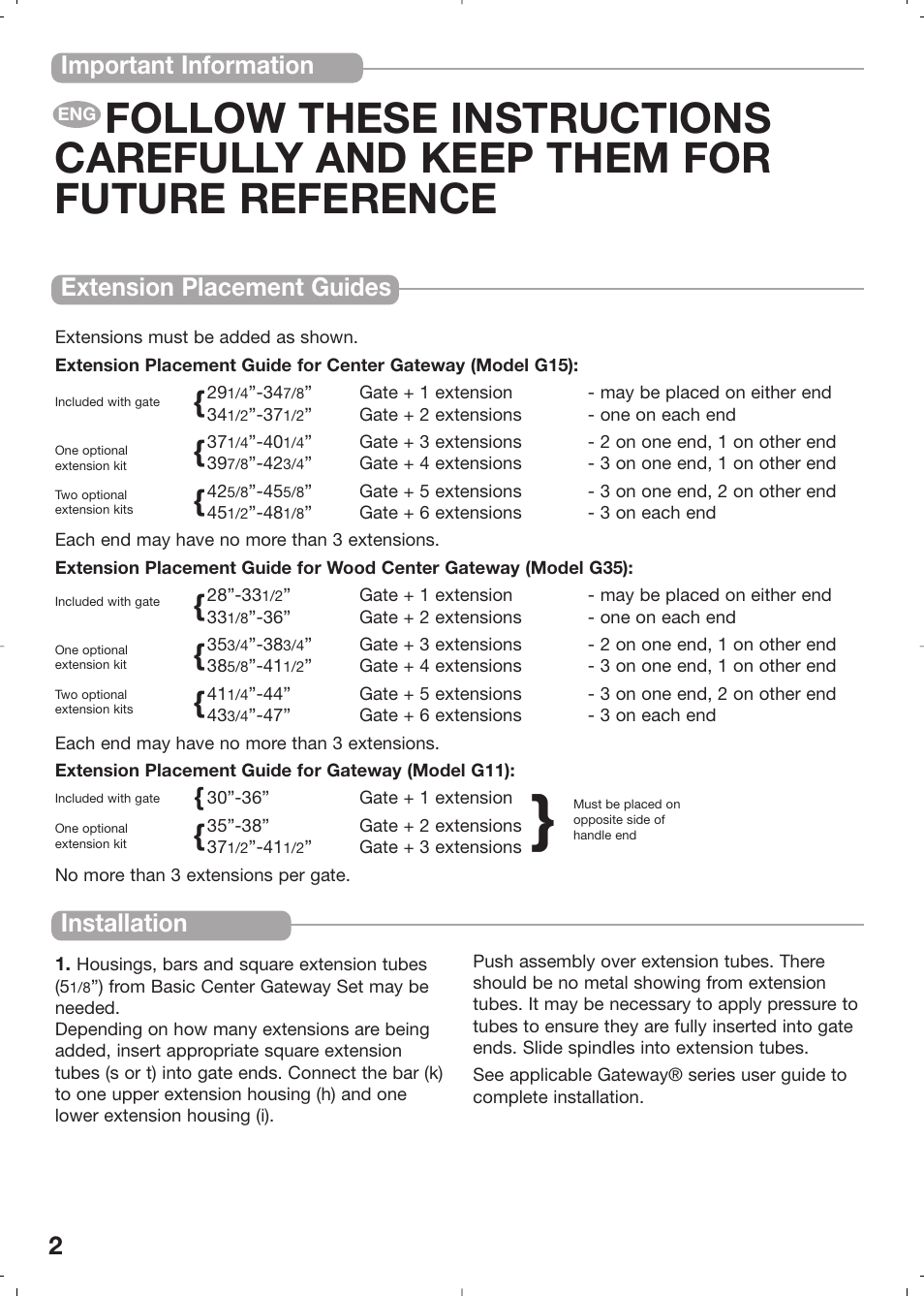 Important information, Installation, 2extension placement guides | Kidco G5.5c User Manual | Page 2 / 6