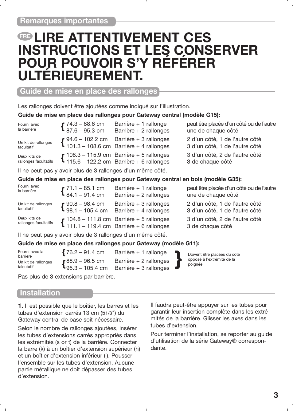 Remarques importantes, Installation, Guide de mise en place des rallonges | Kidco G5.5c User Manual | Page 3 / 6