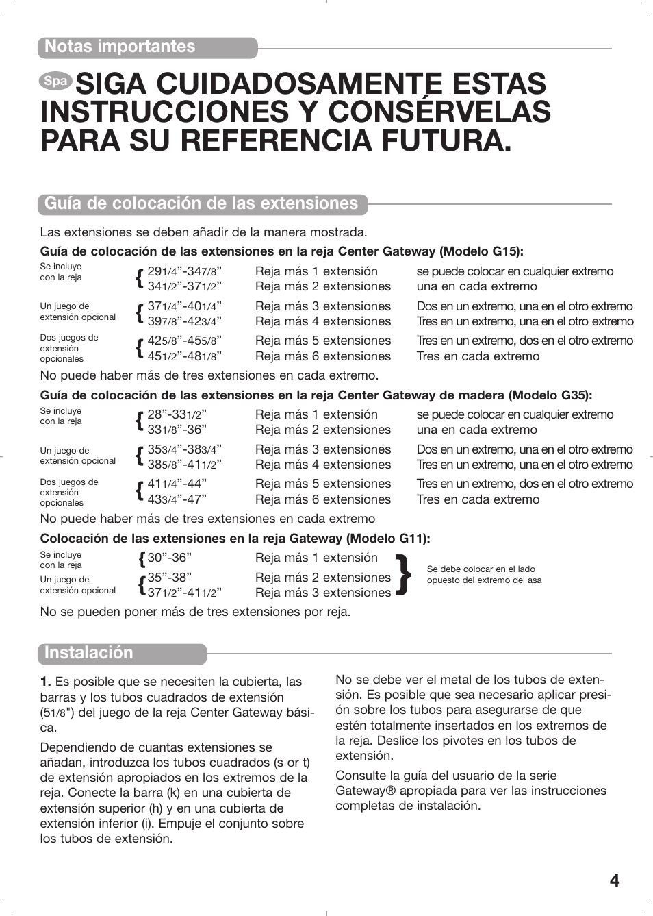 Notas importantes, Instalación, Guía de colocación de las extensiones | Kidco G5.5c User Manual | Page 4 / 6