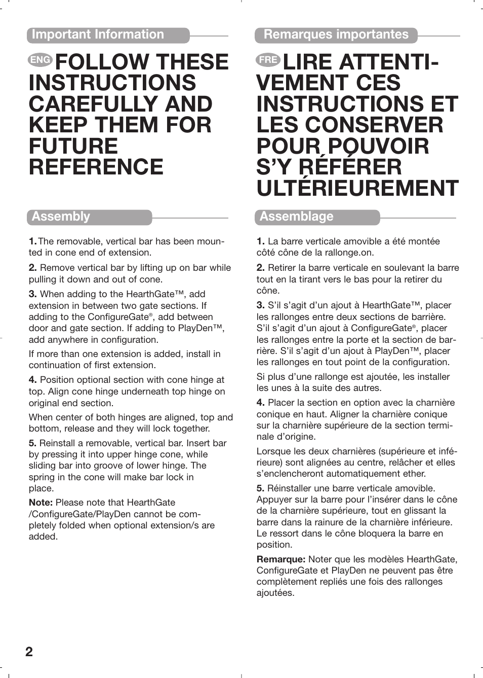 Important information, Assembly, Remarques importantes | Assemblage | Kidco G80-8c or G80-24c User Manual | Page 2 / 4