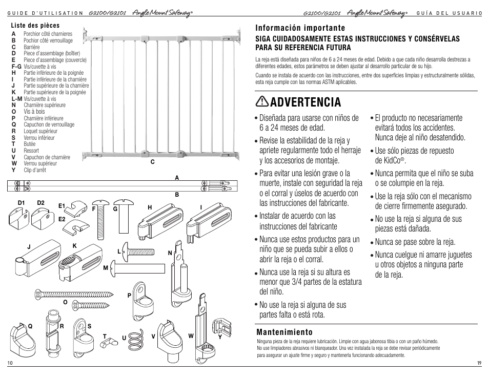 Advertencia | Kidco G2101 User Manual | Page 10 / 14