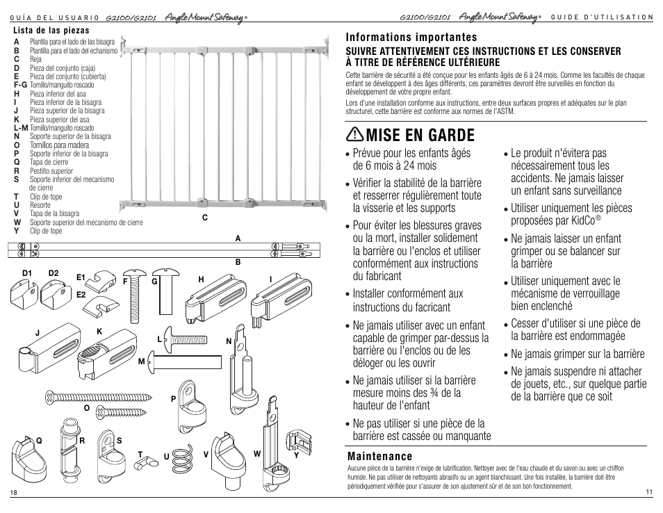 Mise en garde | Kidco G2101 User Manual | Page 11 / 14