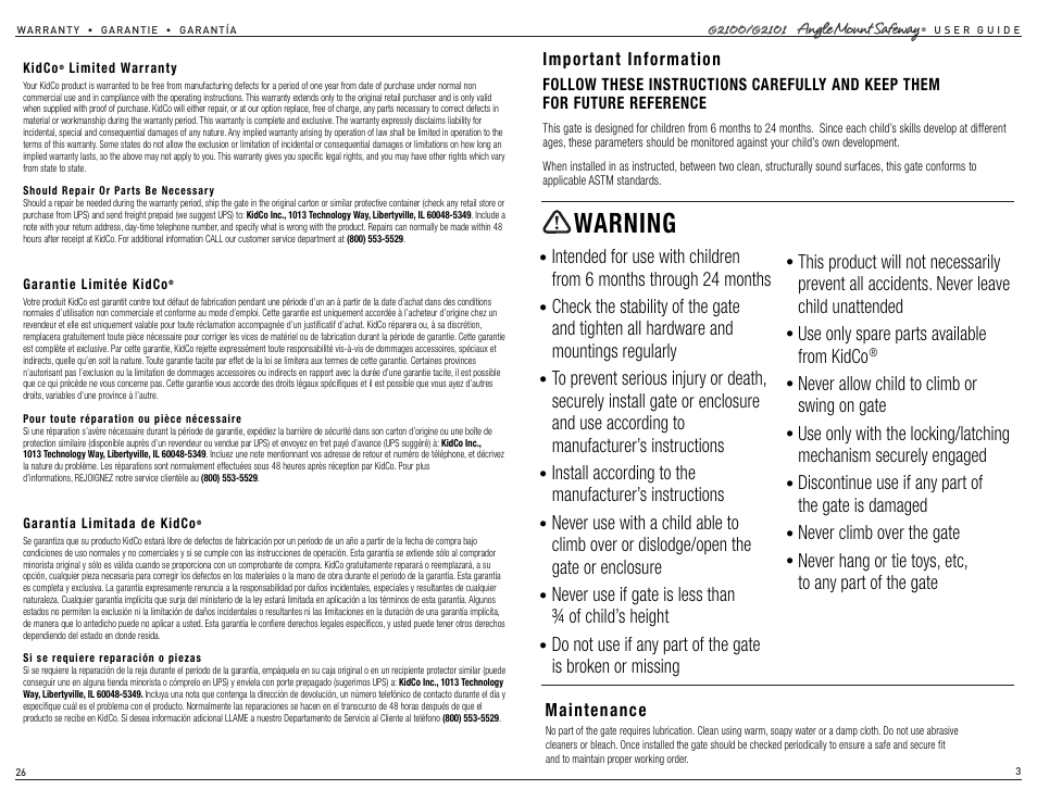 Warning, Important information, Maintenance | Kidco G2101 User Manual | Page 3 / 14