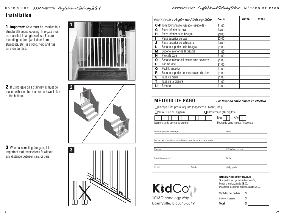 Installation, Método de pago | Kidco G2201 User Manual | Page 4 / 16