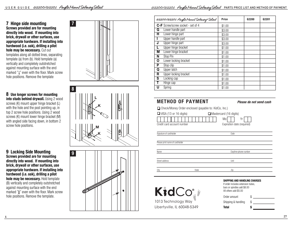 Method of payment, Hinge side mounting, Locking side mounting | Kidco G2201 User Manual | Page 6 / 16