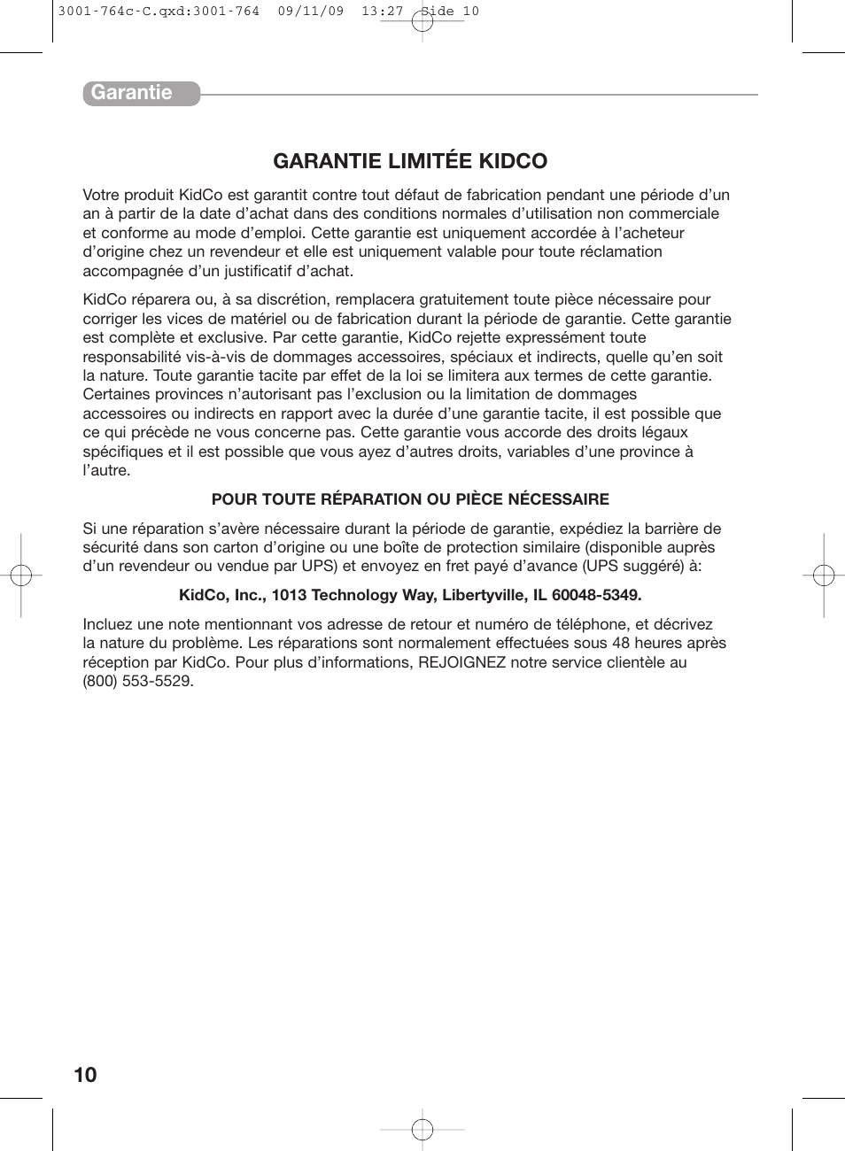 10 garantie limitée kidco, Garantie | Kidco G22a-C User Manual | Page 10 / 18