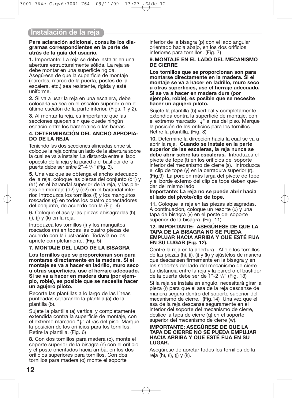 Instalación de la reja | Kidco G22a-C User Manual | Page 12 / 18