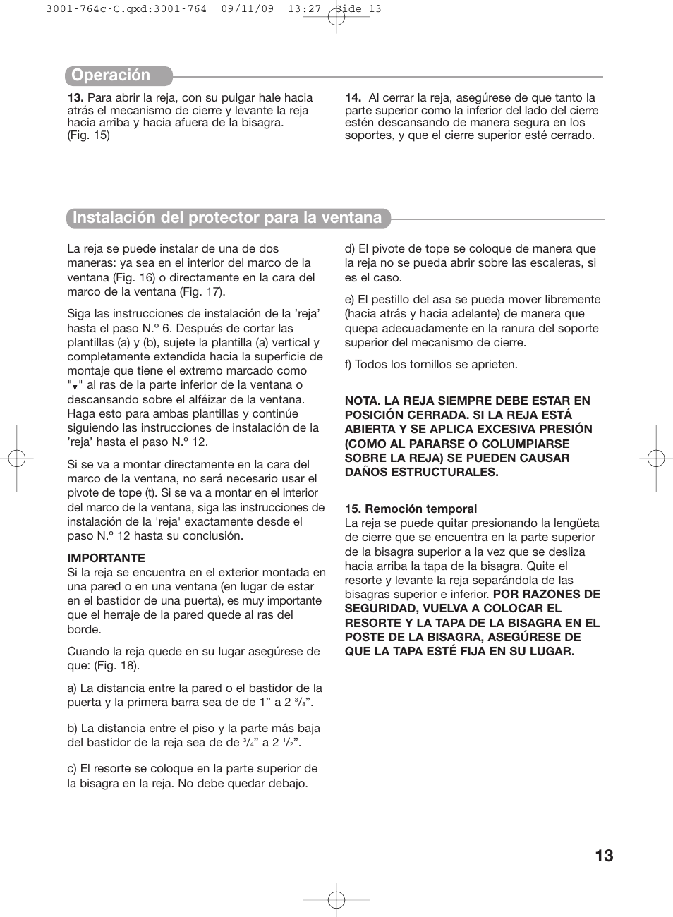 13 operación, Instalación del protector para la ventana | Kidco G22a-C User Manual | Page 13 / 18