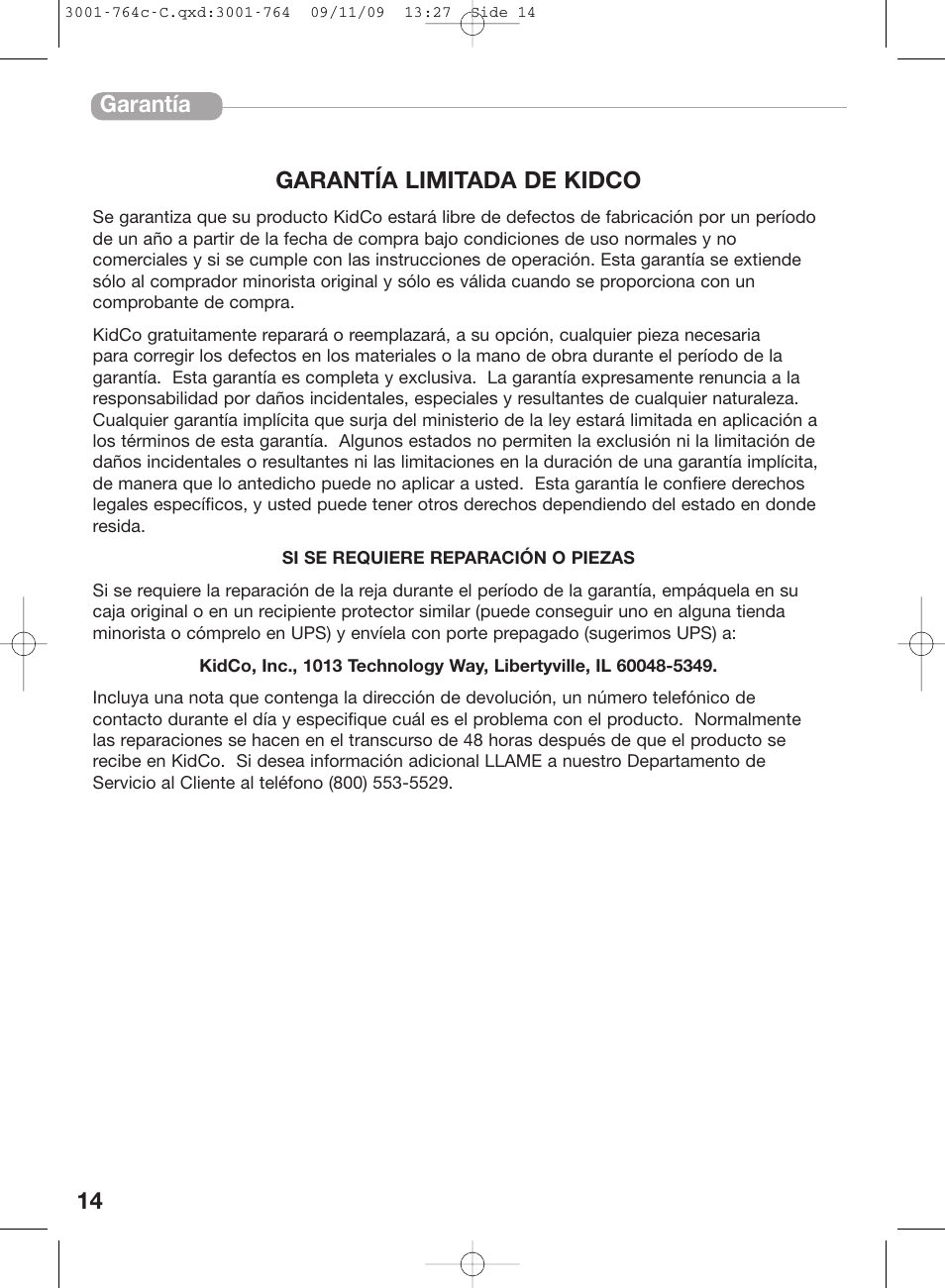 14 garantía limitada de kidco, Garantía | Kidco G22a-C User Manual | Page 14 / 18