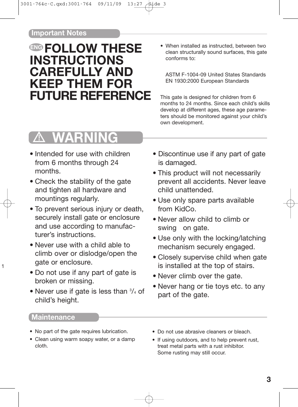Warning | Kidco G22a-C User Manual | Page 3 / 18