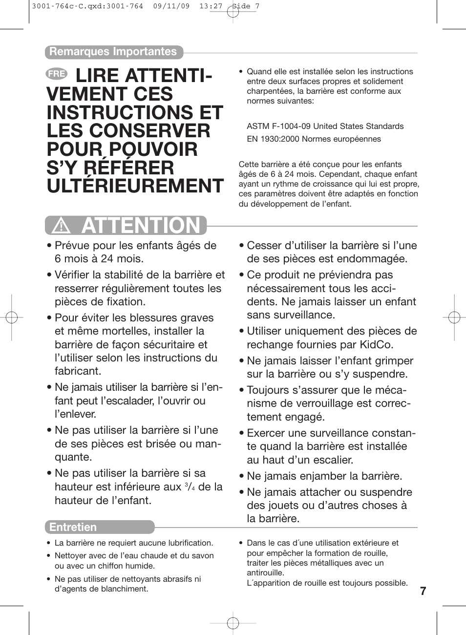 Attention | Kidco G22a-C User Manual | Page 7 / 18
