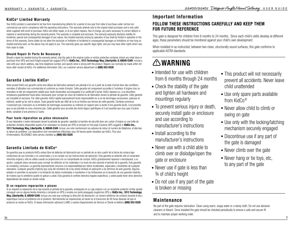 Warning, Important information, Maintenance | Kidco G2401 User Manual | Page 3 / 14