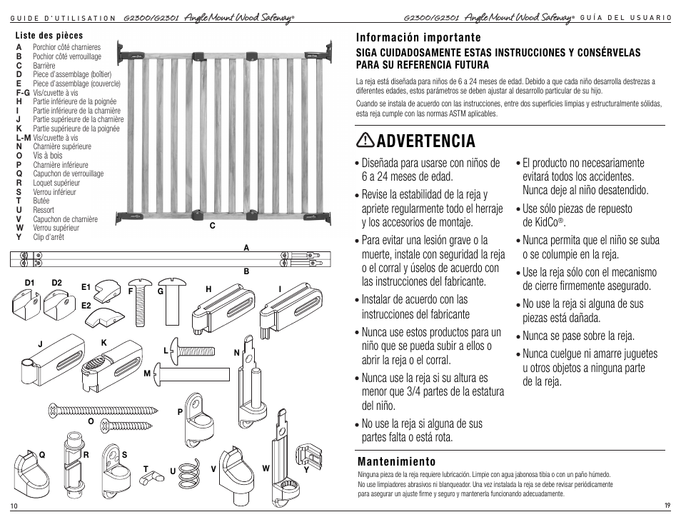 Advertencia | Kidco G2301 User Manual | Page 10 / 14