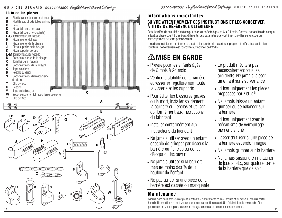 Mise en garde | Kidco G2301 User Manual | Page 11 / 14