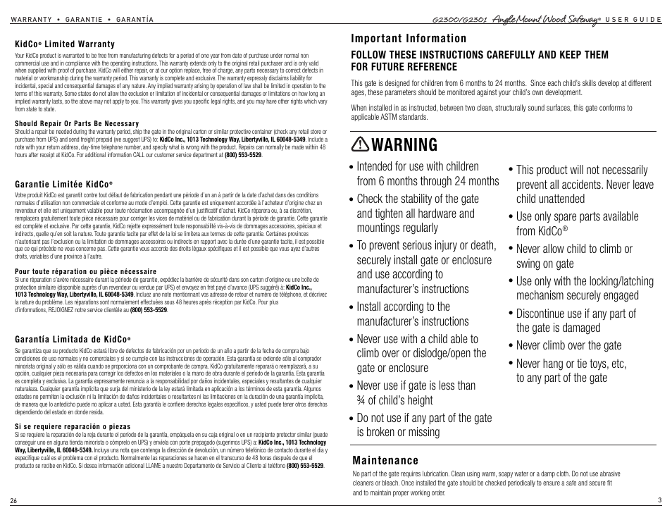Warning, Important information, Maintenance | Kidco G2301 User Manual | Page 3 / 14
