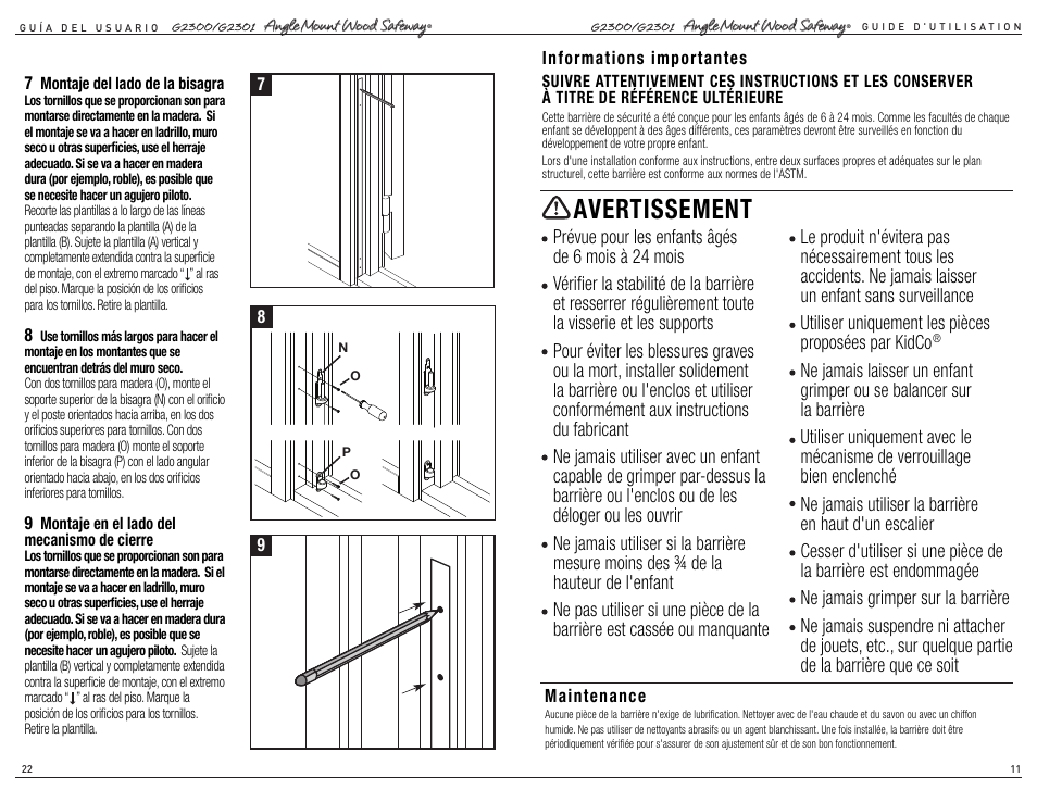 Avertissement | Kidco G2301 User Manual | Page 11 / 16