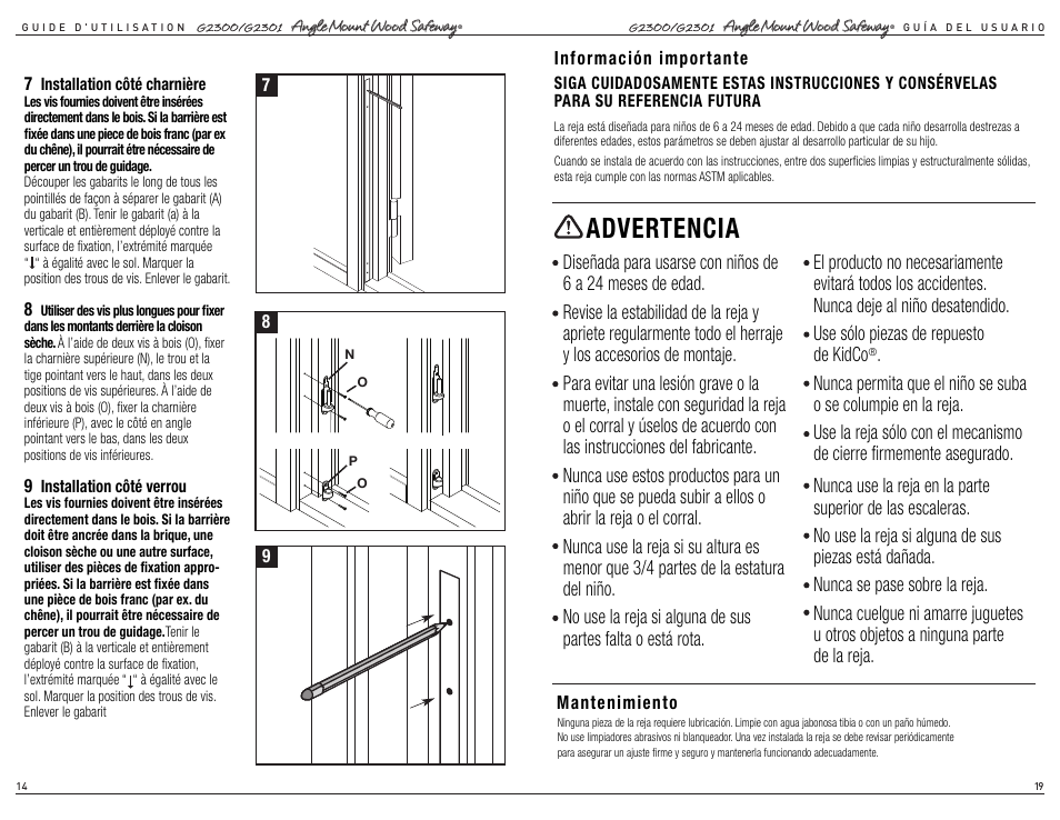 Advertencia | Kidco G2301 User Manual | Page 14 / 16