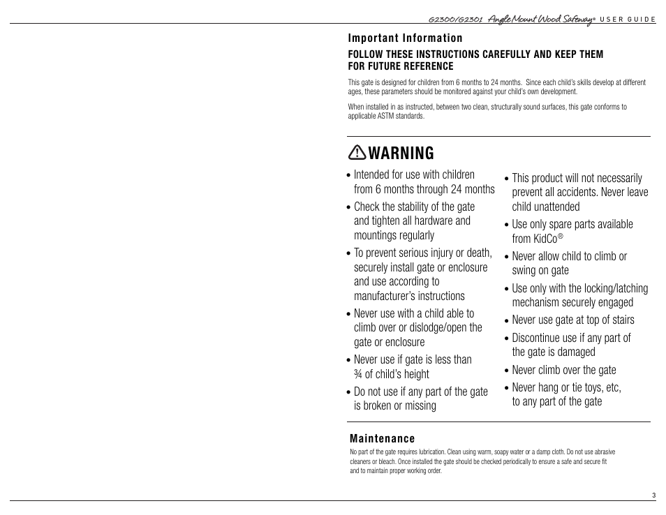 Warning | Kidco G2301 User Manual | Page 3 / 16