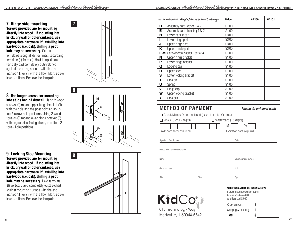 Method of payment, Hinge side mounting, Locking side mounting | Kidco G2301 User Manual | Page 6 / 16
