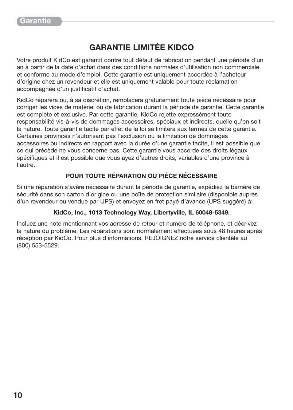 10 garantie limitée kidco, Garantie | Kidco G32 User Manual | Page 10 / 18