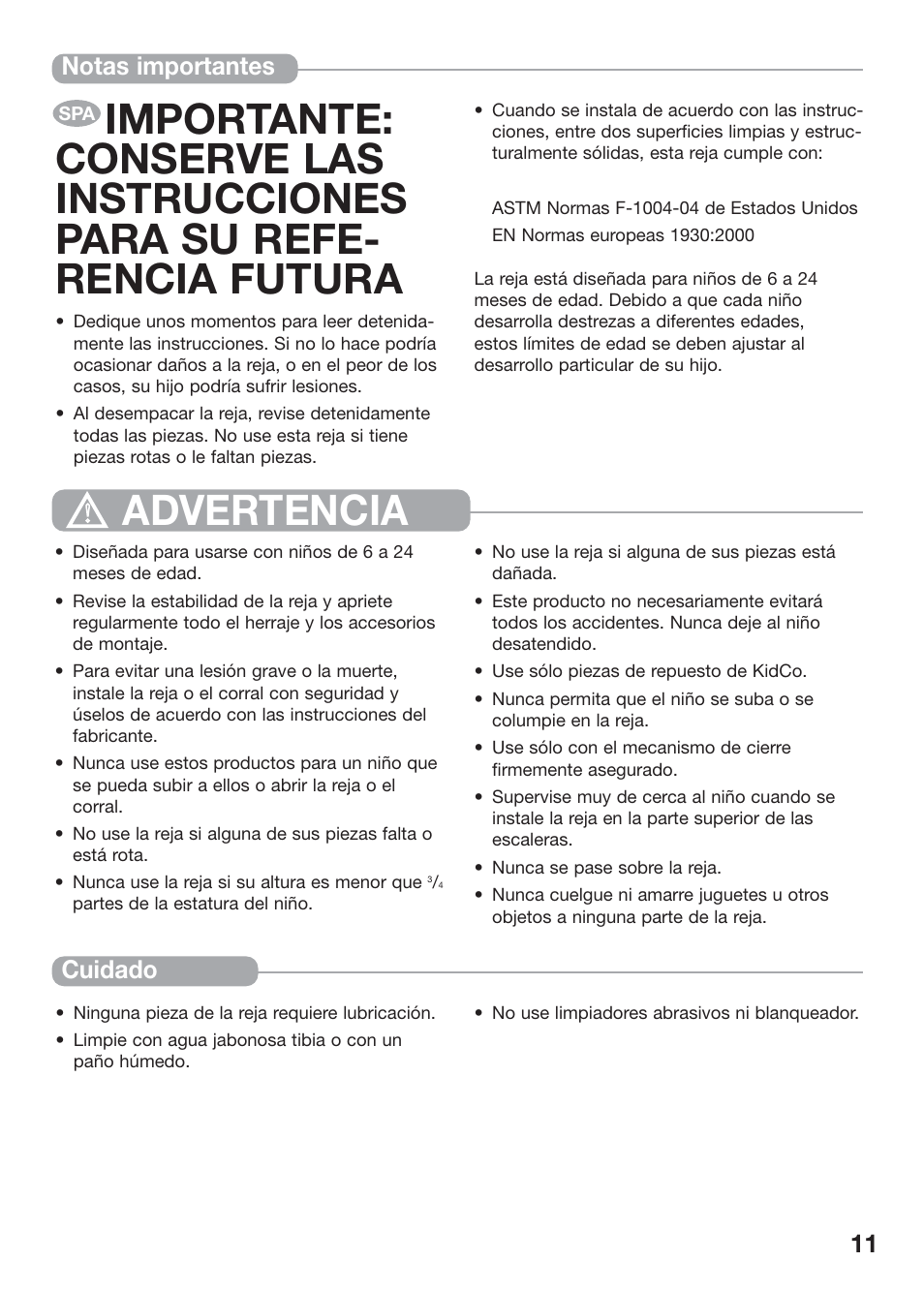 Advertencia, Notas importantes cuidado | Kidco G32 User Manual | Page 11 / 18