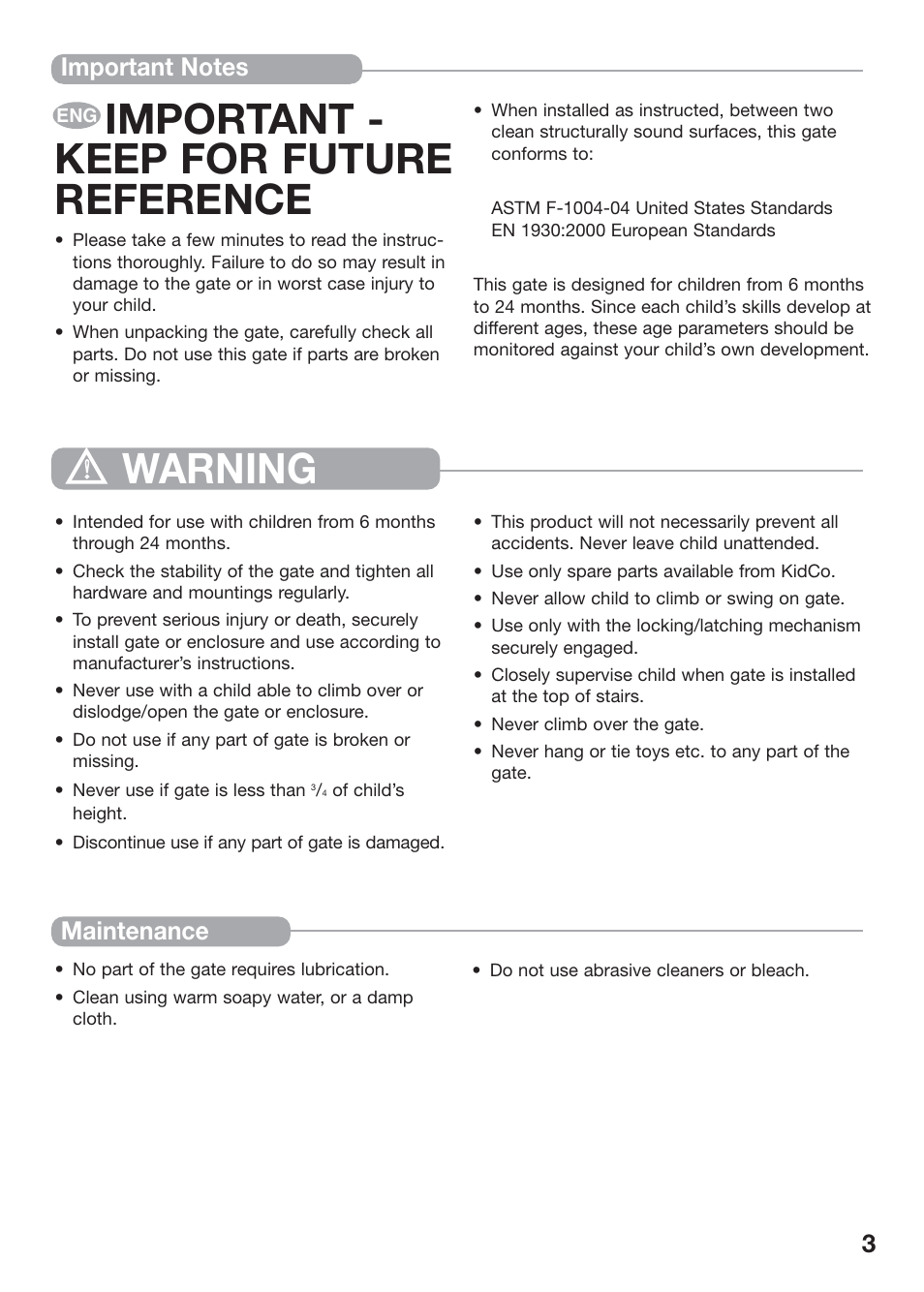 Important - keep for future reference, Warning | Kidco G32 User Manual | Page 3 / 18