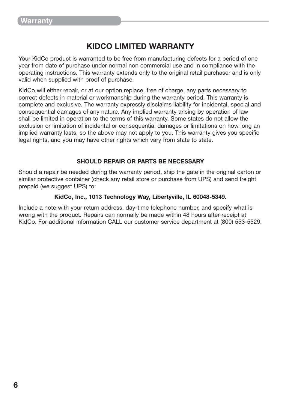 6kidco limited warranty, Warranty | Kidco G32 User Manual | Page 6 / 18