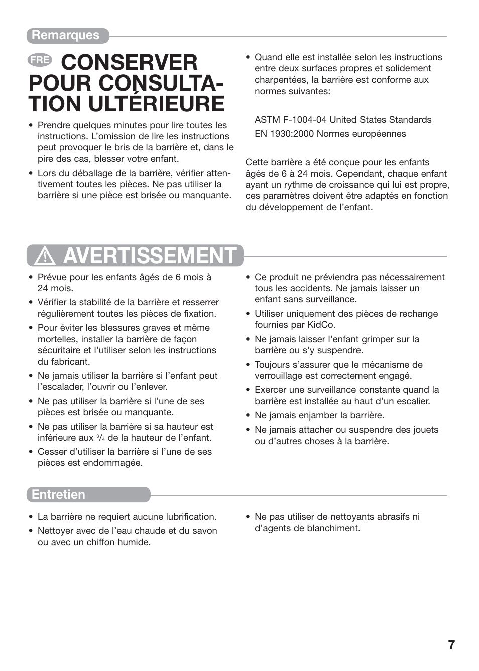 Avertissement, Conserver pour consulta- tion ultérieure, 7remarques entretien | Kidco G32 User Manual | Page 7 / 18
