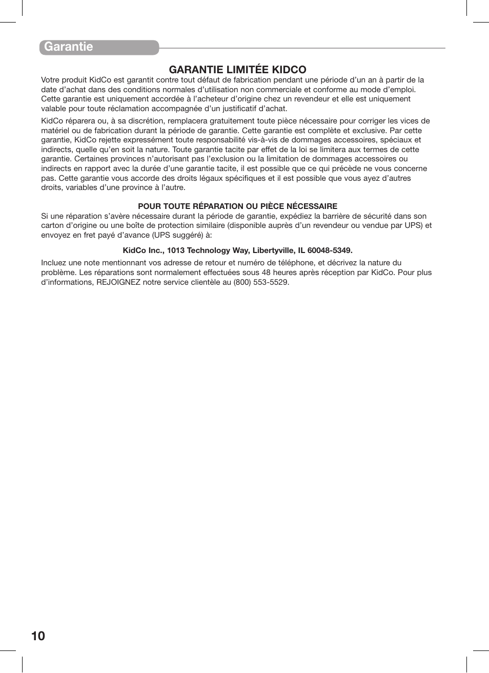 10 garantie | Kidco G1520 User Manual | Page 10 / 17