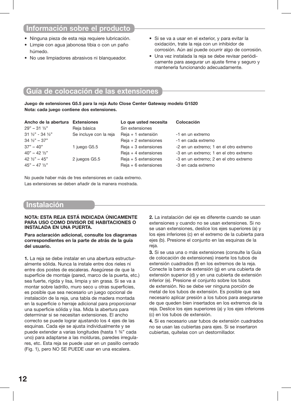 12 instalación, Guía de colocación de las extensiones, Información sobre el producto | Kidco G1520 User Manual | Page 12 / 17