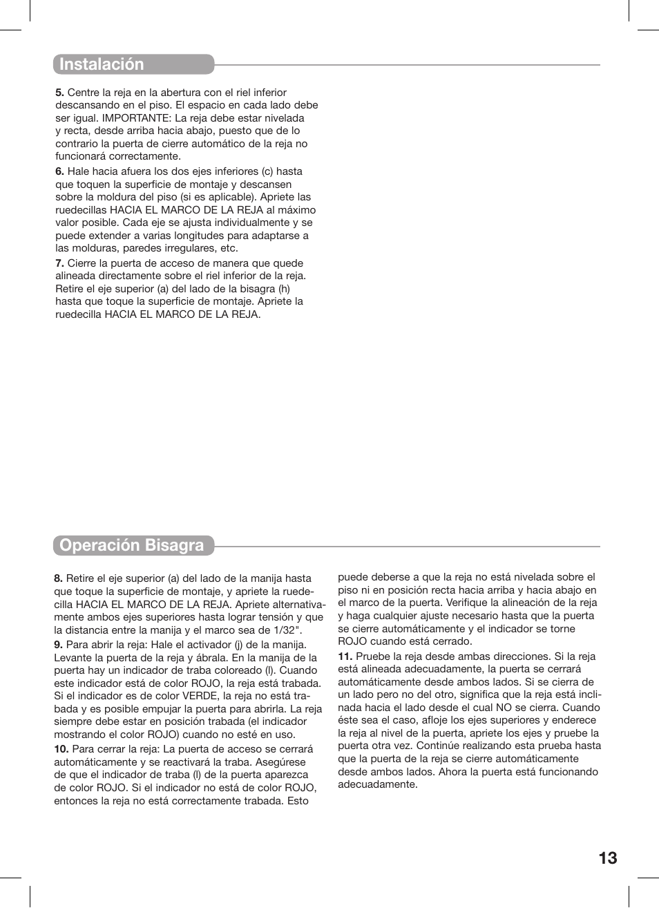 Instalación, Operación bisagra | Kidco G1520 User Manual | Page 13 / 17