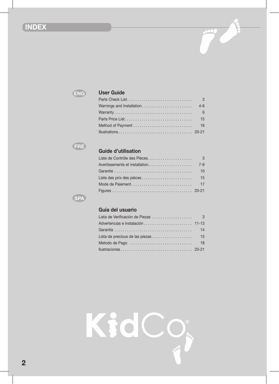 Index | Kidco G1520 User Manual | Page 2 / 17