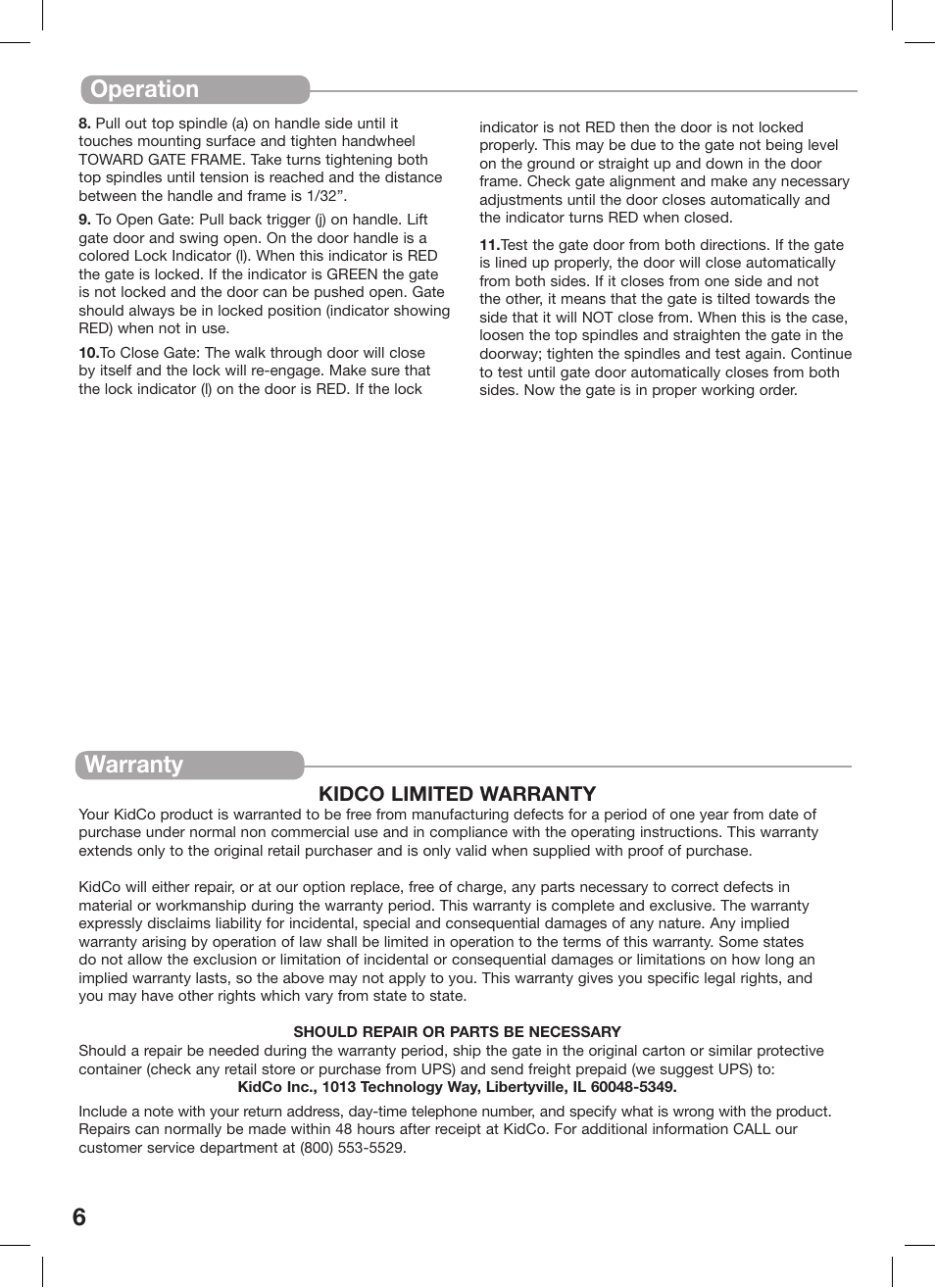 6operation, Warranty | Kidco G1520 User Manual | Page 6 / 17