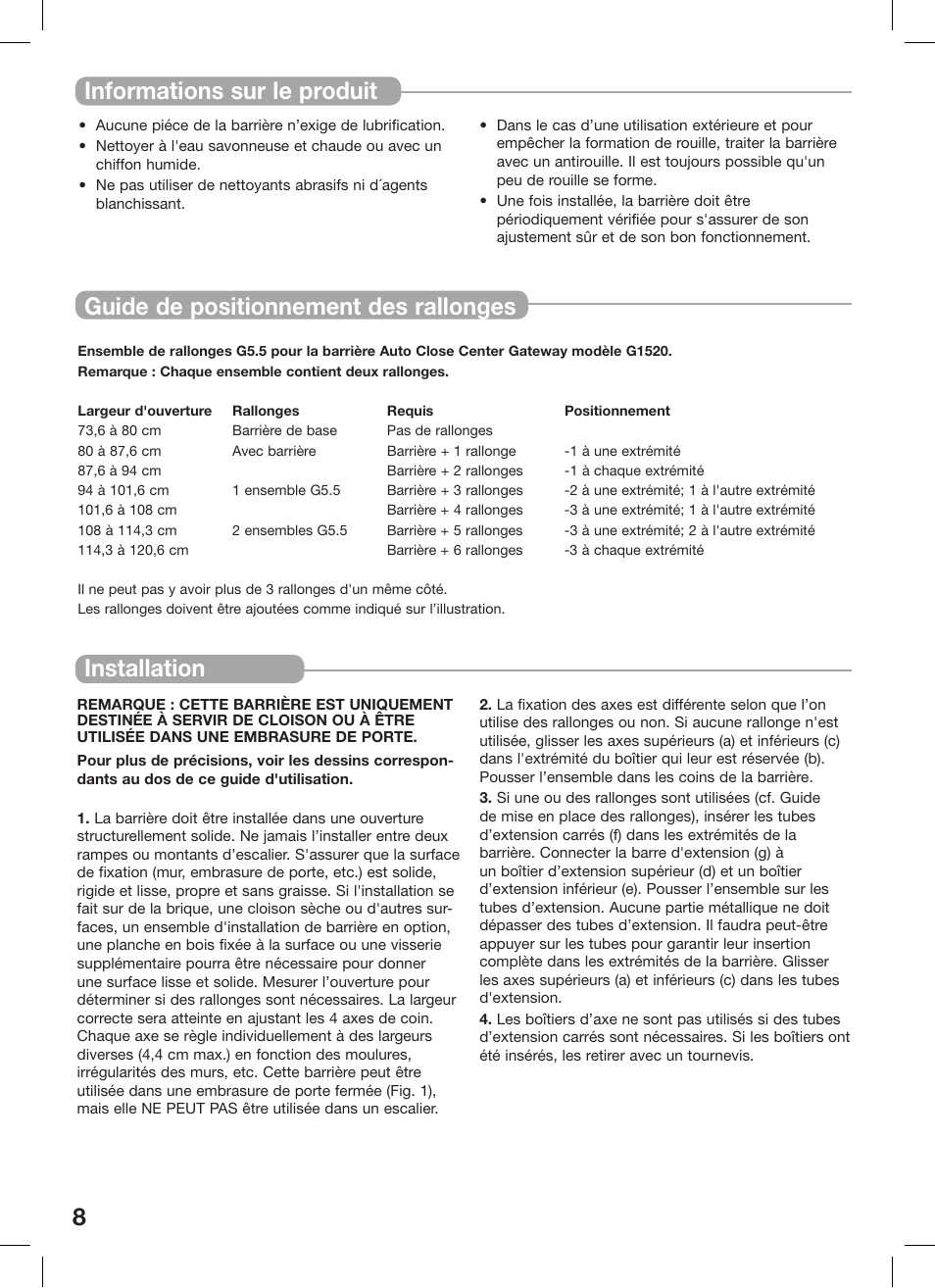 8installation, Guide de positionnement des rallonges, Informations sur le produit | Kidco G1520 User Manual | Page 8 / 17