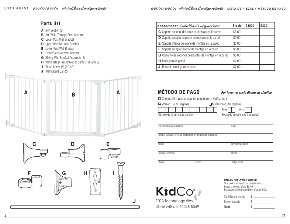 Método de pago, Parts list | Kidco G3001 User Manual | Page 2 / 12