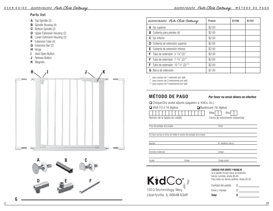 Método de pago, Hj k | Kidco G1101 User Manual | Page 2 / 12
