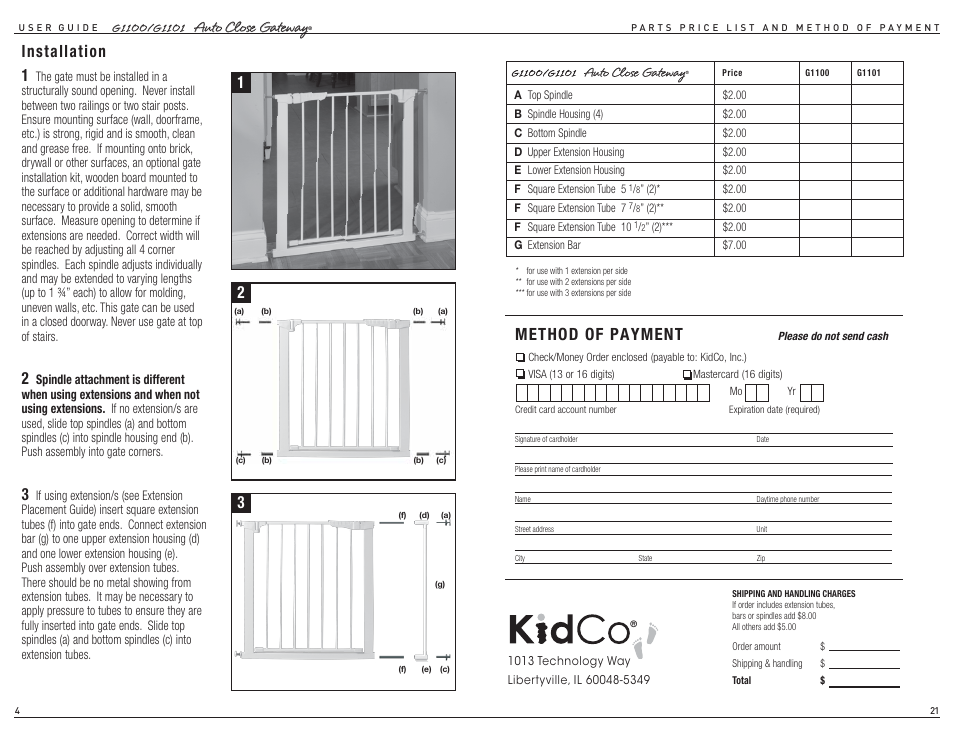 Method of payment, Installation 1 | Kidco G1101 User Manual | Page 3 / 12