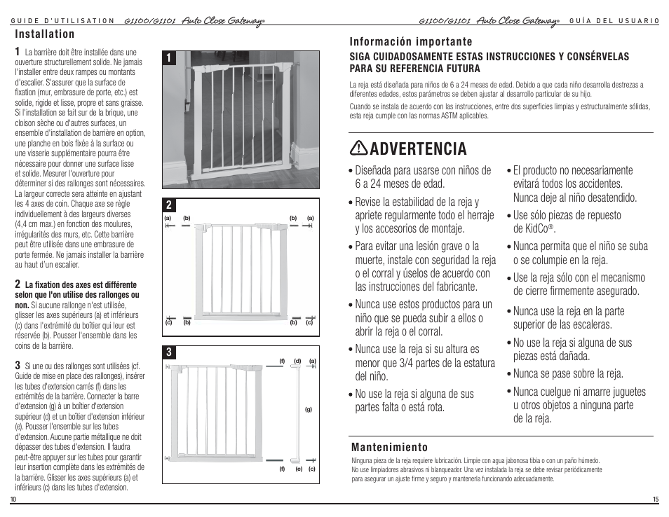 Advertencia | Kidco G1101 User Manual | Page 6 / 12