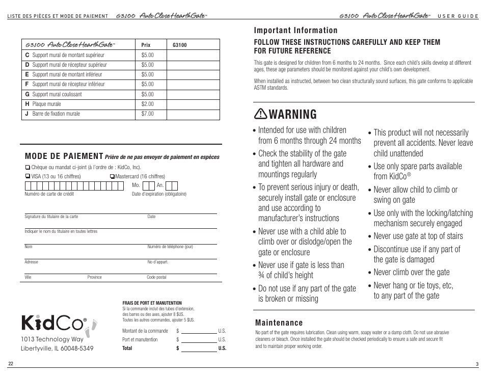 Warning, Important information, Maintenance | Mode de paiement | Kidco G3100 User Manual | Page 12 / 12