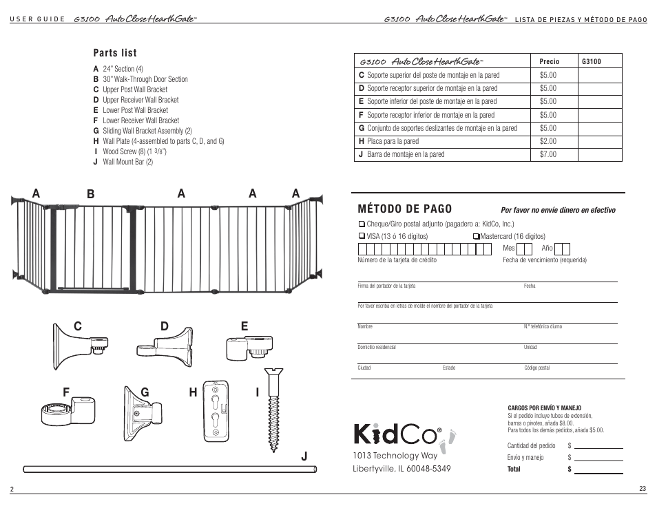 Método de pago, Parts list | Kidco G3100 User Manual | Page 2 / 12