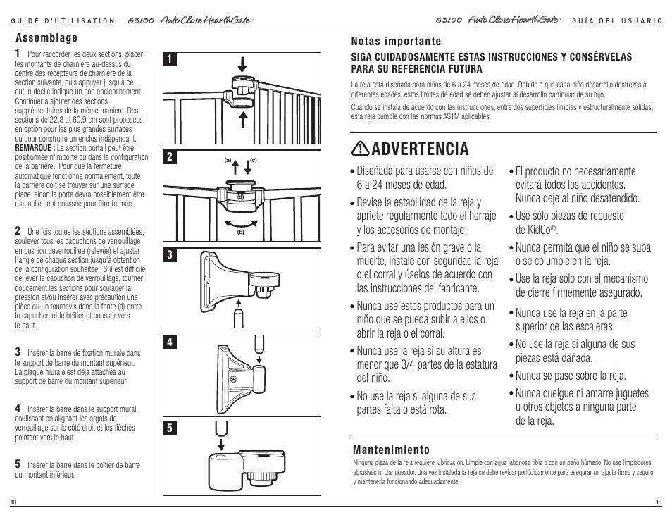 Advertencia | Kidco G3100 User Manual | Page 6 / 12