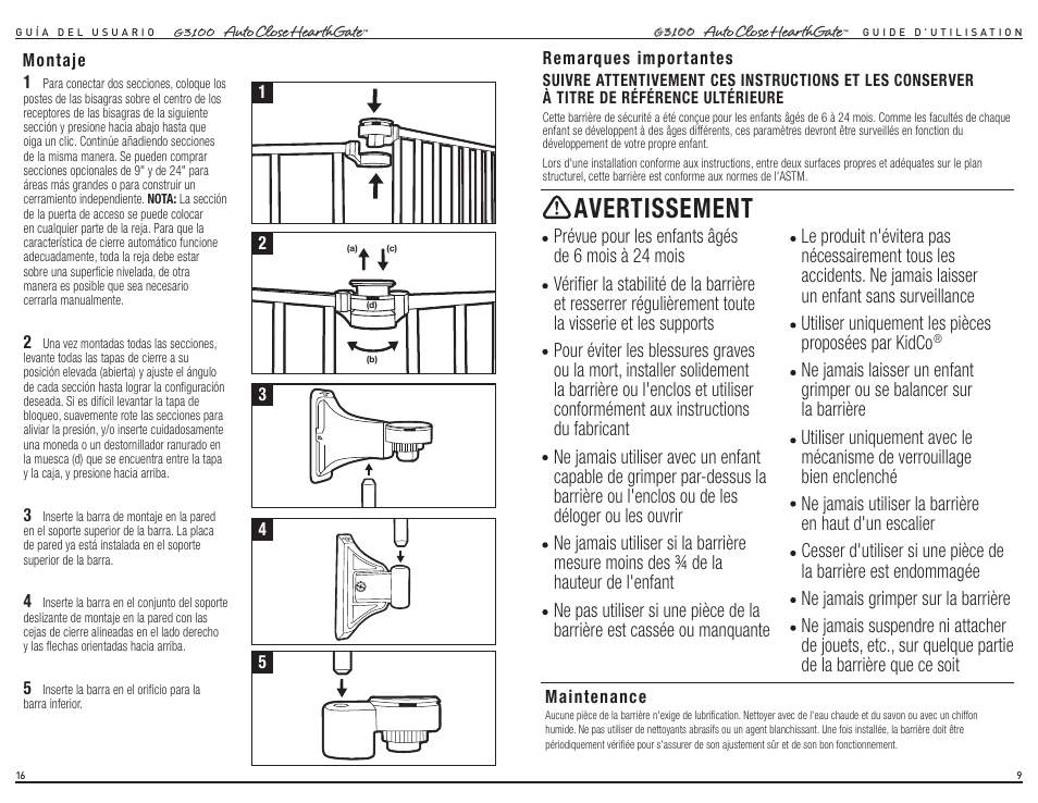 Avertissement | Kidco G3100 User Manual | Page 9 / 12