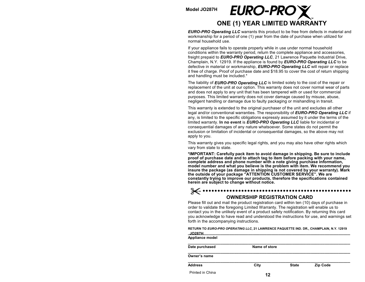 One (1) year limited warranty | Bravetti JET JO287H User Manual | Page 2 / 8