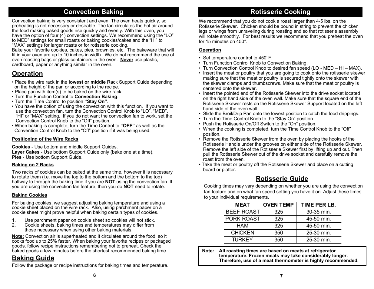 Convection baking, Operation, Baking guide | Rotisserie cooking, Rotisserie guide | Bravetti JET JO287H User Manual | Page 8 / 8