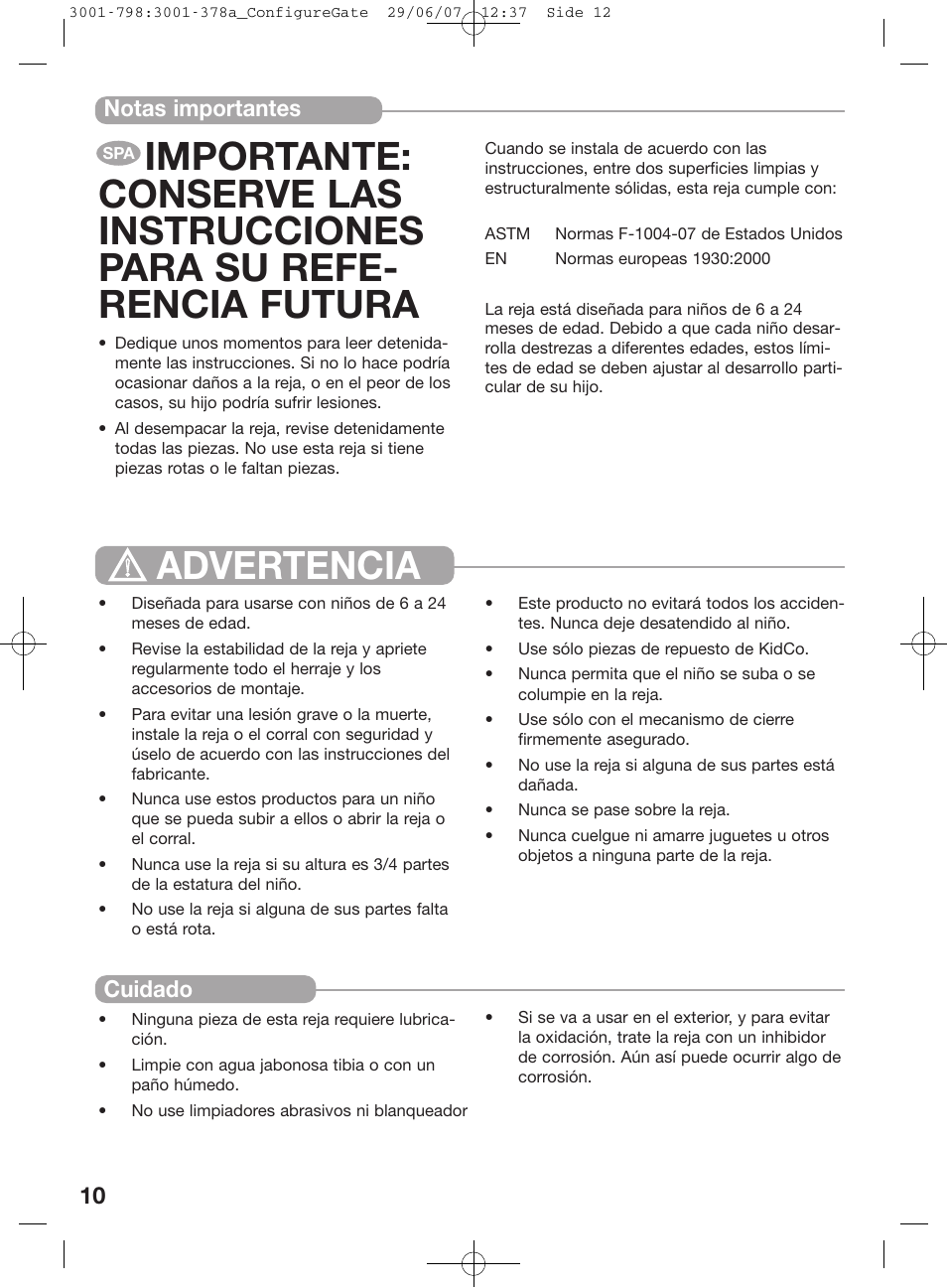 Advertencia, 10 notas importantes cuidado | Kidco G80d User Manual | Page 10 / 18