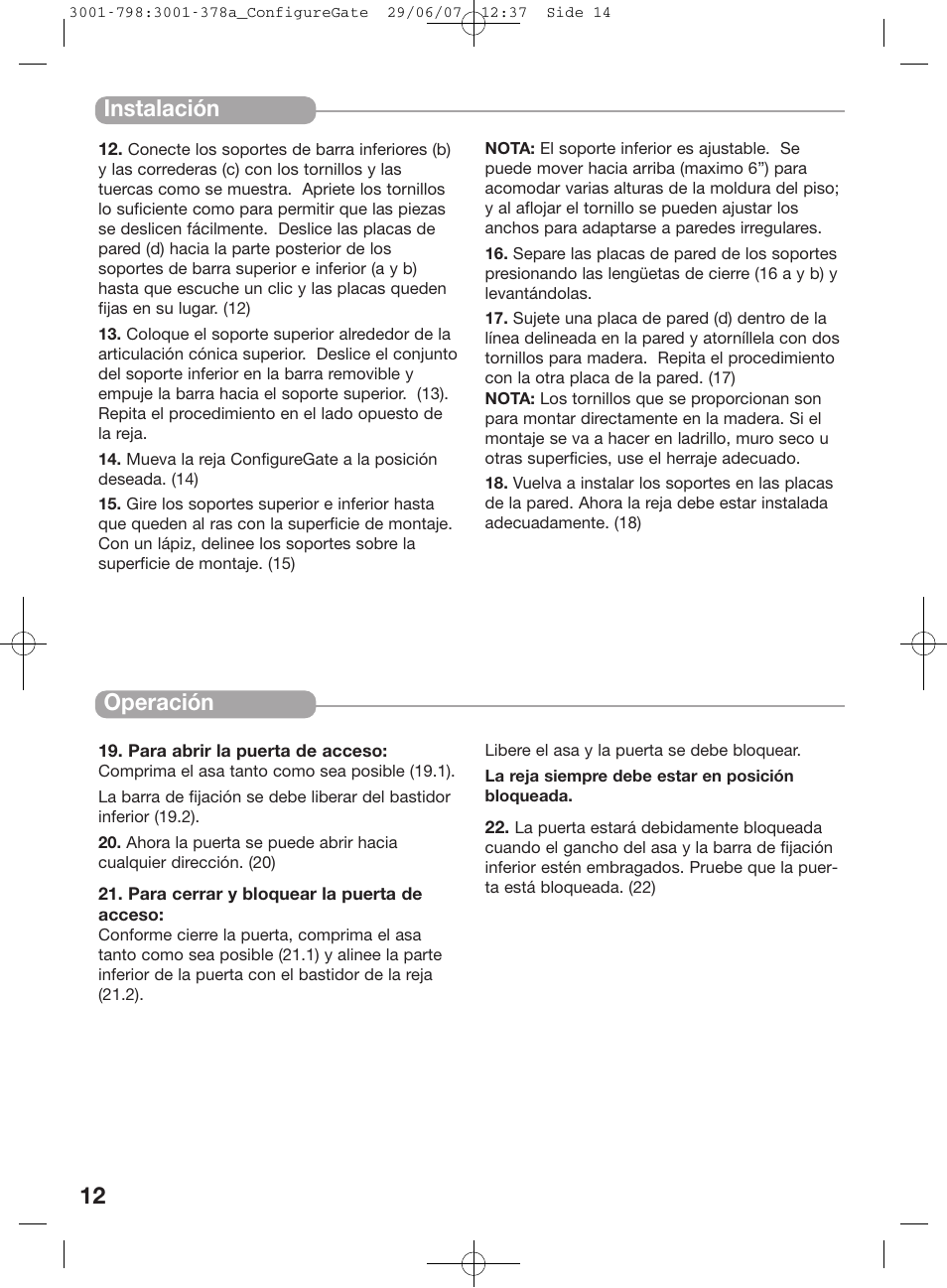 12 instalación, Operación | Kidco G80d User Manual | Page 12 / 18