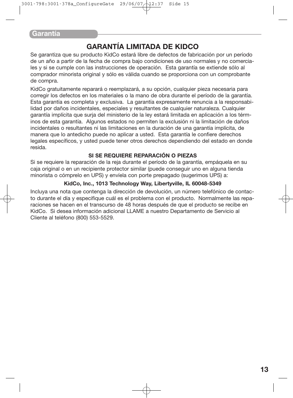13 garantía garantía limitada de kidco | Kidco G80d User Manual | Page 13 / 18