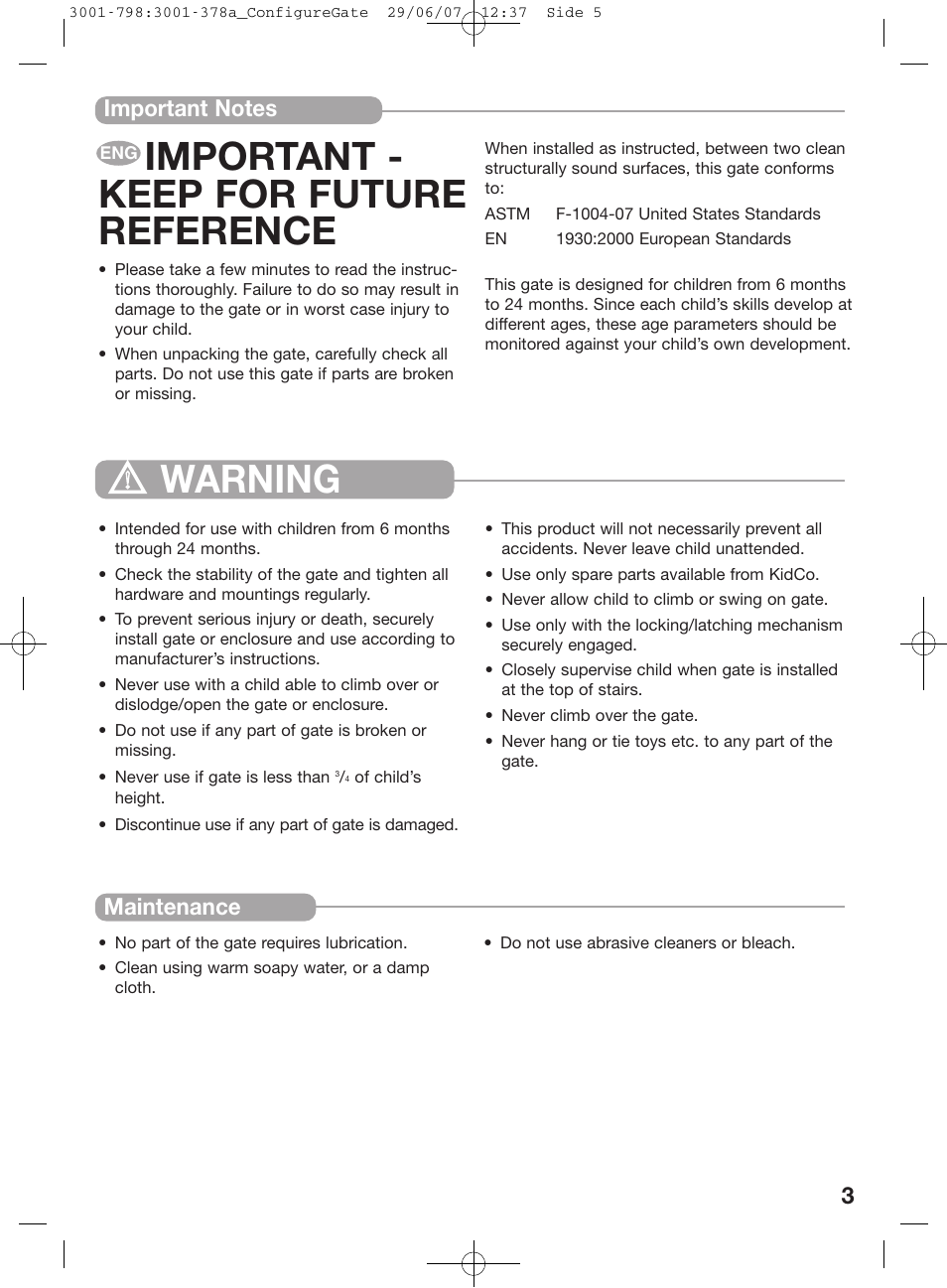 Important - keep for future reference, Warning | Kidco G80d User Manual | Page 3 / 18